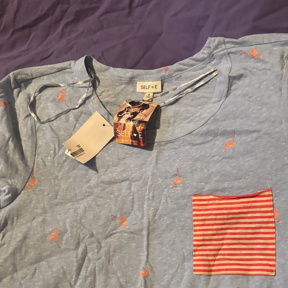 SELF+E Kids Light Blue Tee with Pink Flamingo Print